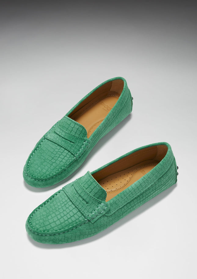Women's Penny Driving Loafers, Emerald Embossed Suede