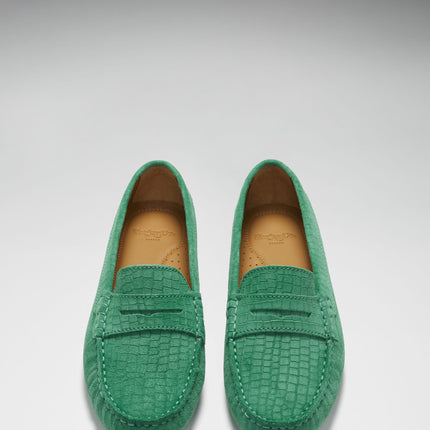 Women's Penny Driving Loafers, Emerald Embossed Suede