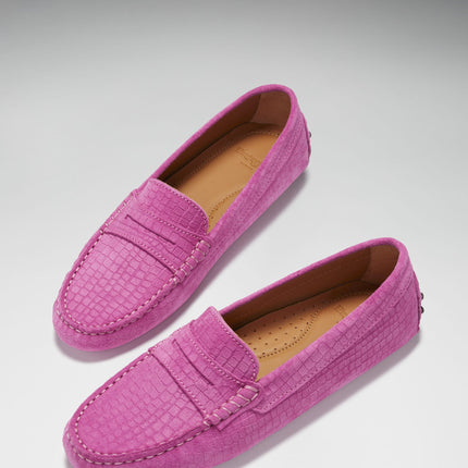 Women's Penny Driving Loafers, Pink Embossed Suede