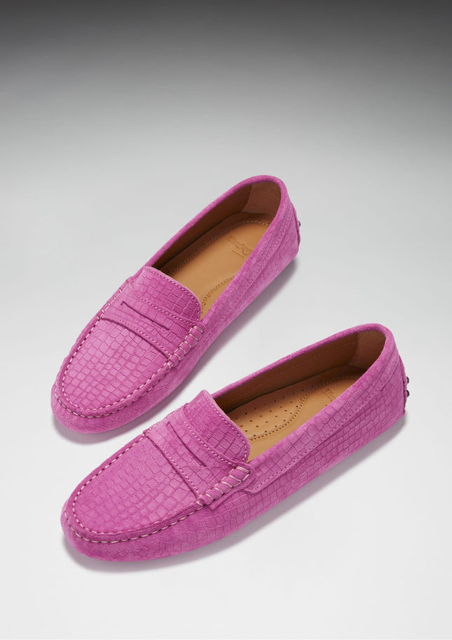 Women's Penny Driving Loafers, Pink Embossed Suede