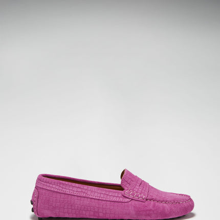 Women's Penny Driving Loafers, Pink Embossed Suede