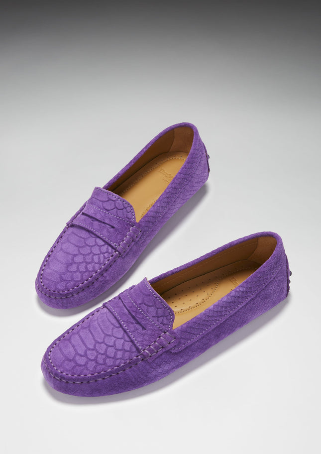 Women's Penny Driving Loafers, Purple Embossed Suede