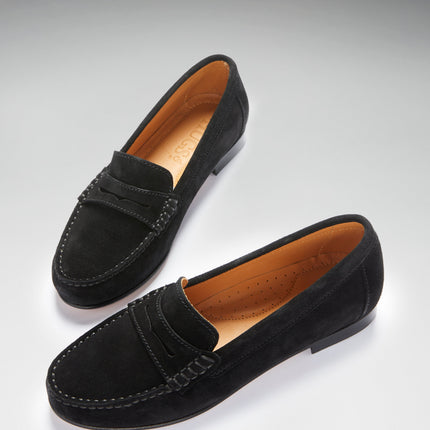 Women's Penny Loafers Leather Sole, Black Suede