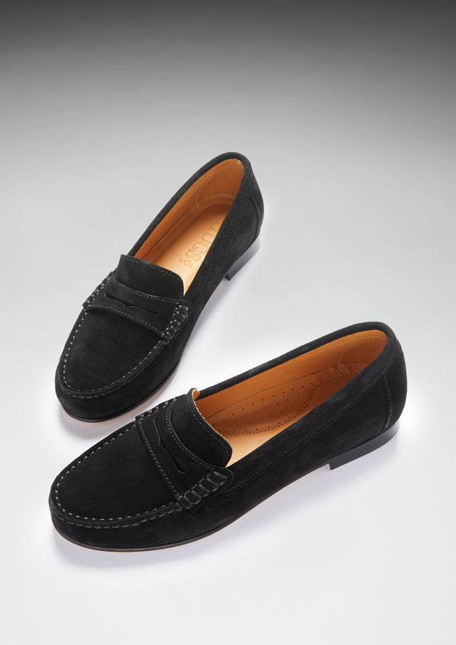 Women's Penny Loafers Leather Sole, Black Suede