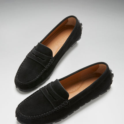 Women's Tyre Sole Penny Loafers, Black Suede