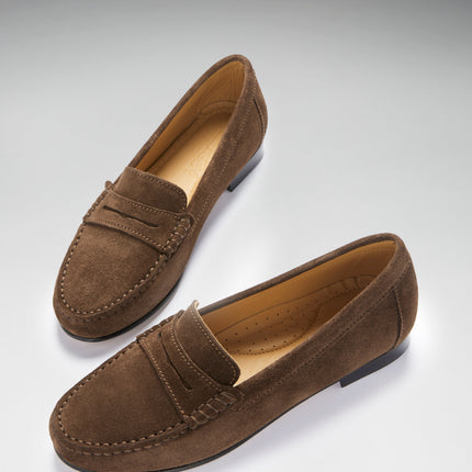Women's Penny Loafers Leather Sole, Brown Suede