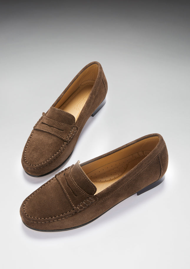 Women's Penny Loafers Leather Sole, Brown Suede