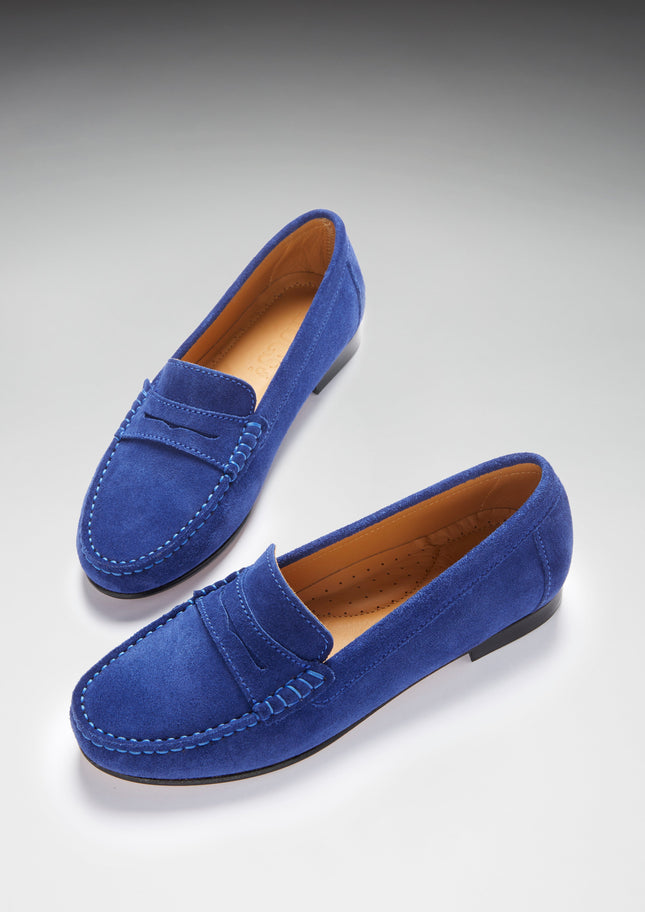 Women's Penny Loafers Leather Sole, Ink Blue Suede