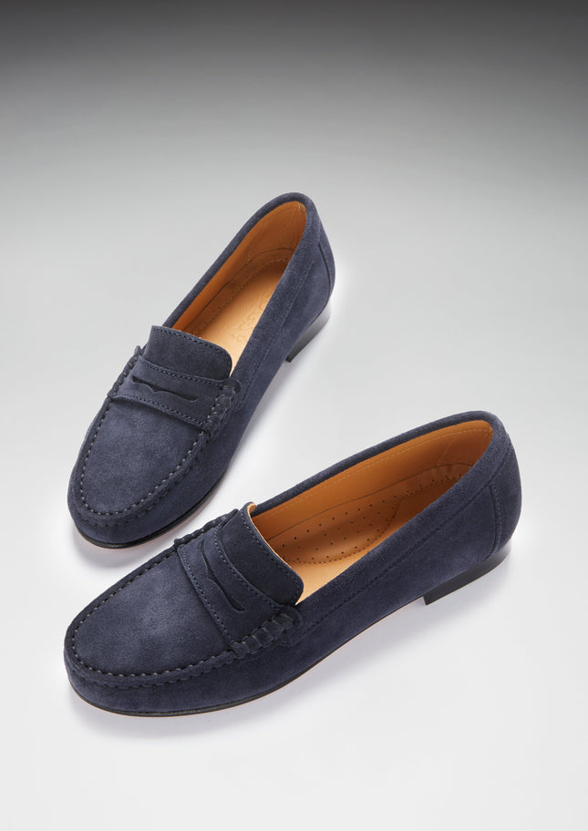 Women's Penny Loafers Leather Sole, Navy Blue Suede