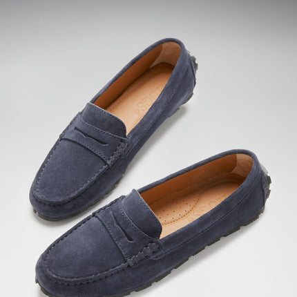 Women's Tyre Sole Penny Loafers, Navy Blue Suede