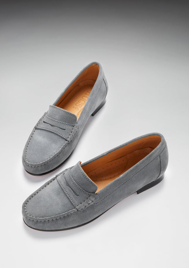 Women's Penny Loafers Leather Sole, Slate Grey Suede