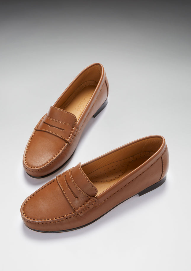 Women's Penny Loafers Leather Sole, Tan Leather