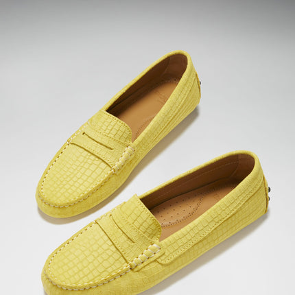 Women's Penny Driving Loafers, Yellow Embossed Suede