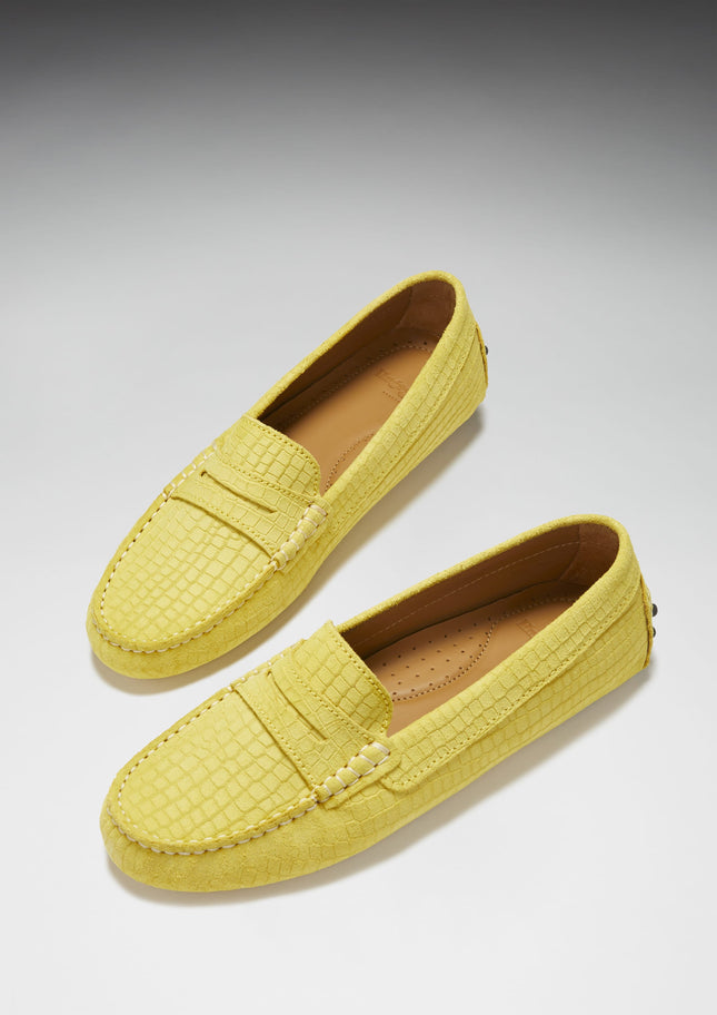 Women's Penny Driving Loafers, Yellow Embossed Suede