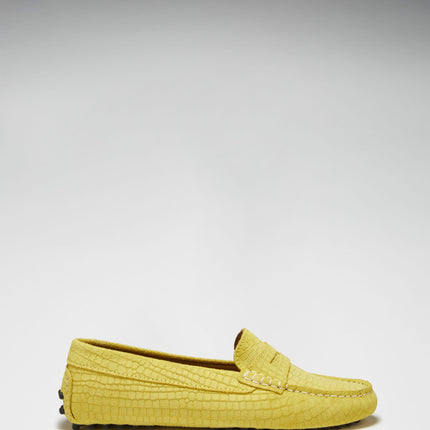 Women's Penny Driving Loafers, Yellow Embossed Suede