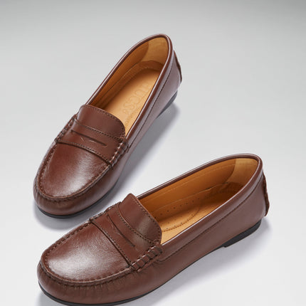 Women's Penny Driving Loafers Full Rubber Sole, Brown Leather