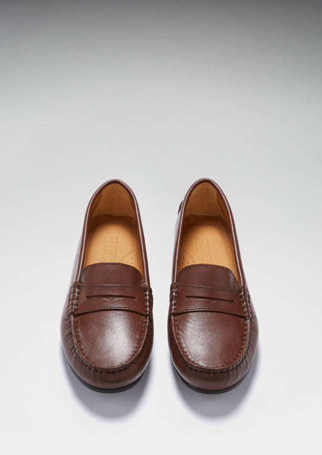 Women's Penny Driving Loafers Full Rubber Sole, Brown Leather