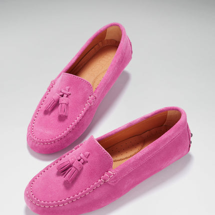 Women's Tasselled Driving Loafers, Pink Suede