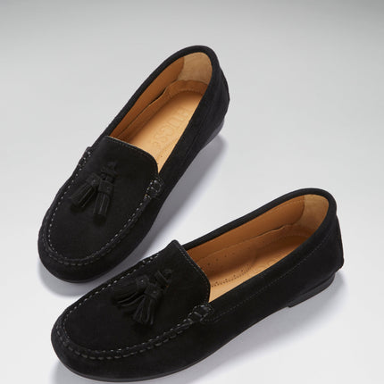 Women's Tasselled Driving Loafers Full Rubber Sole, Black Suede