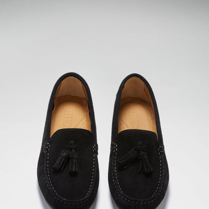 Women's Tasselled Driving Loafers Full Rubber Sole, Black Suede