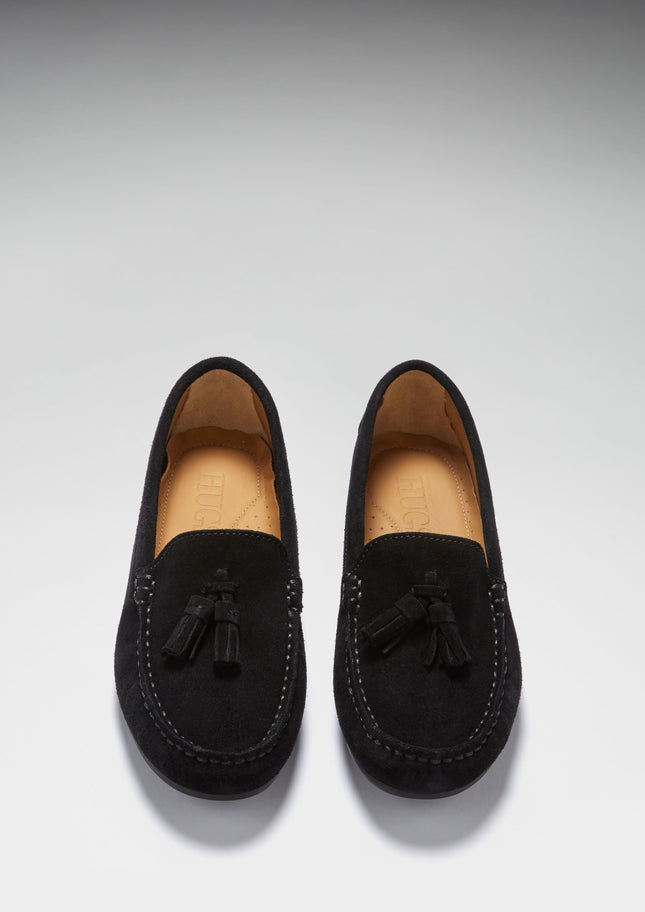 Women's Tasselled Driving Loafers Full Rubber Sole, Black Suede