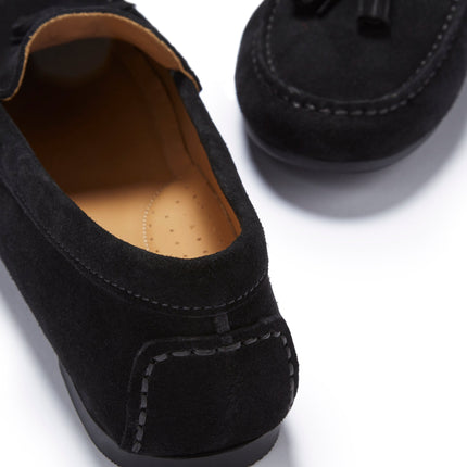 Women's Tasselled Driving Loafers Full Rubber Sole, Black Suede