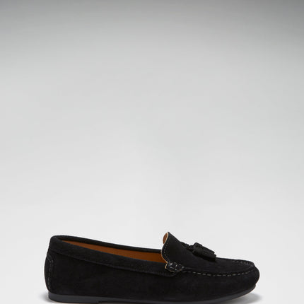 Women's Tasselled Driving Loafers Full Rubber Sole, Black Suede