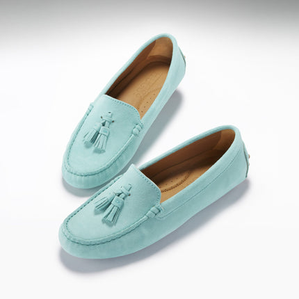 Women's Tasselled Driving Loafers, Aqua Suede