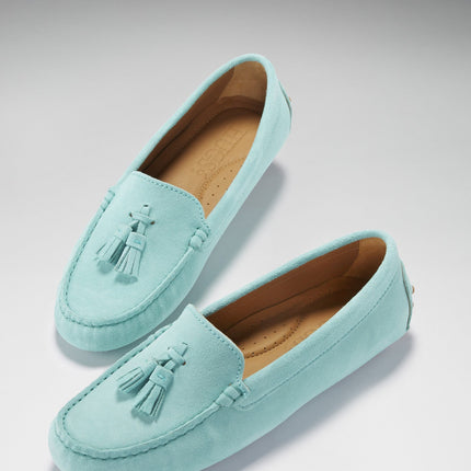 Women's Tasselled Driving Loafers, Aqua Suede