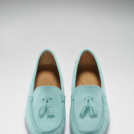 Women's Tasselled Driving Loafers, Aqua Suede