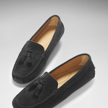 Women's Tasselled Driving Loafers, Black Suede