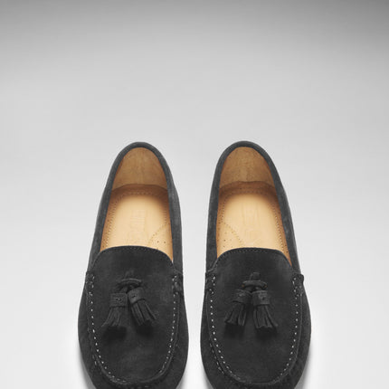 Women's Tasselled Driving Loafers, Black Suede