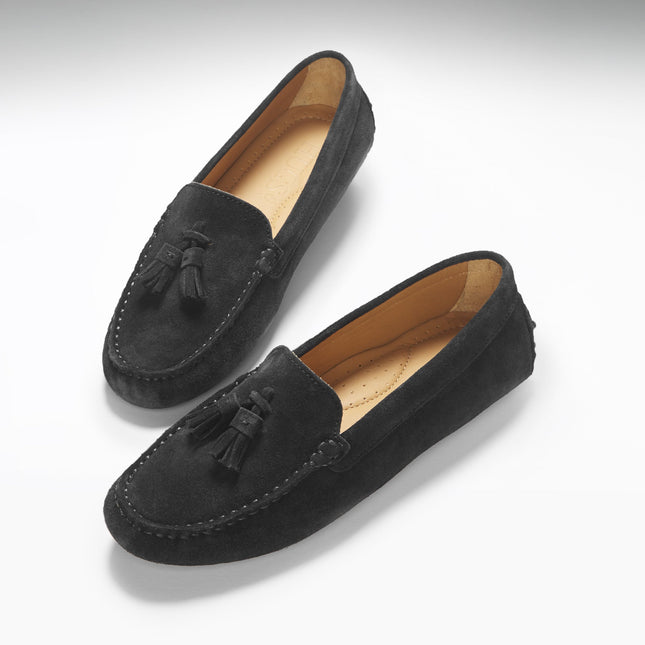 Women's Tasselled Driving Loafers, Black Suede