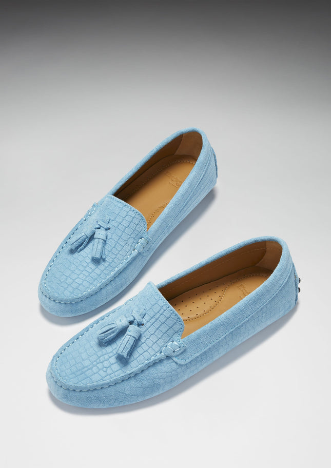 Women's Tasselled Driving Loafers, Blue Embossed Suede