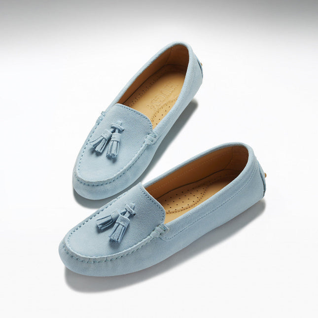 Women's Tasselled Driving Loafers, Sky Blue Suede