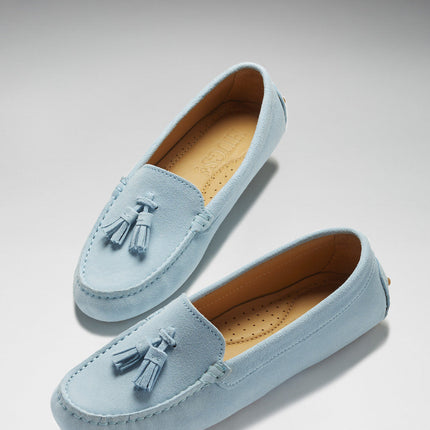 Women's Tasselled Driving Loafers, Sky Blue Suede