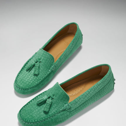 Women's Tasselled Driving Loafers, Emerald Embossed Suede