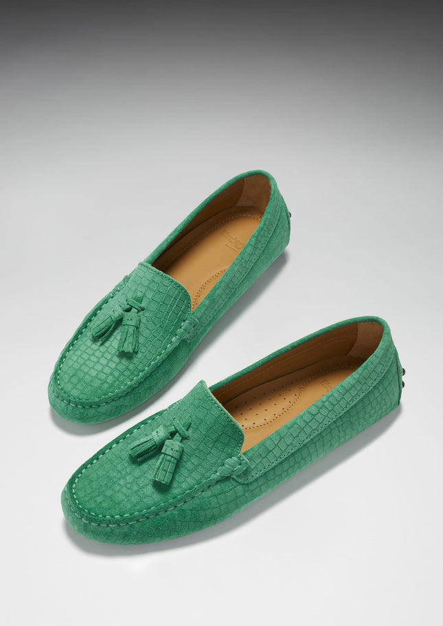 Women's Tasselled Driving Loafers, Emerald Embossed Suede