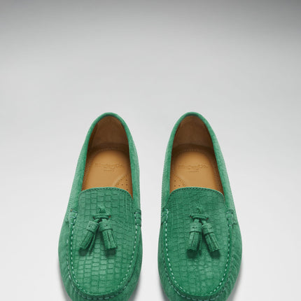 Women's Tasselled Driving Loafers, Emerald Embossed Suede
