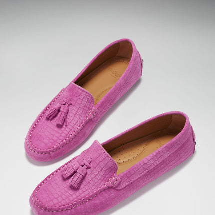 Women's Tasselled Driving Loafers, Pink Embossed Suede