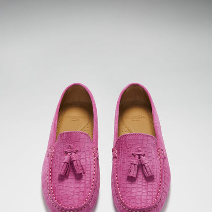 Women's Tasselled Driving Loafers, Pink Embossed Suede