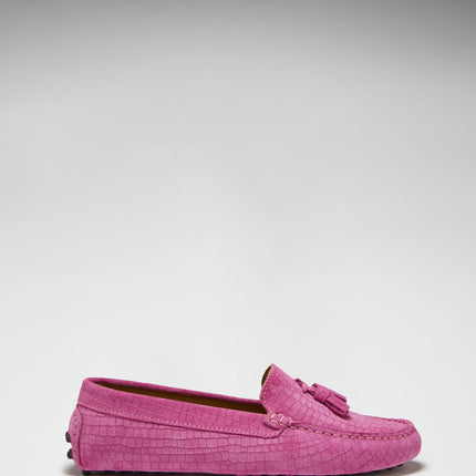 Women's Tasselled Driving Loafers, Pink Embossed Suede