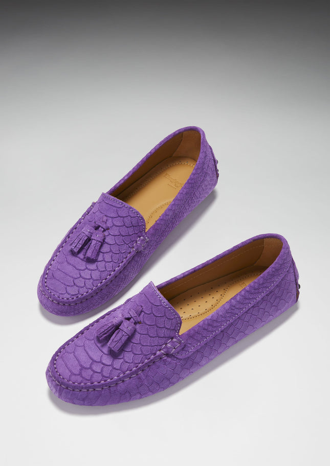 Women's Tasselled Driving Loafers, Purple Embossed Suede