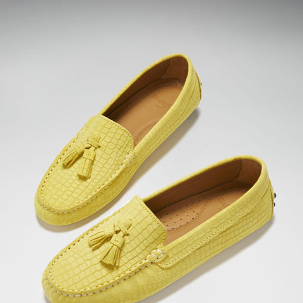 Women's Tasselled Driving Loafers, Yellow Embossed Suede