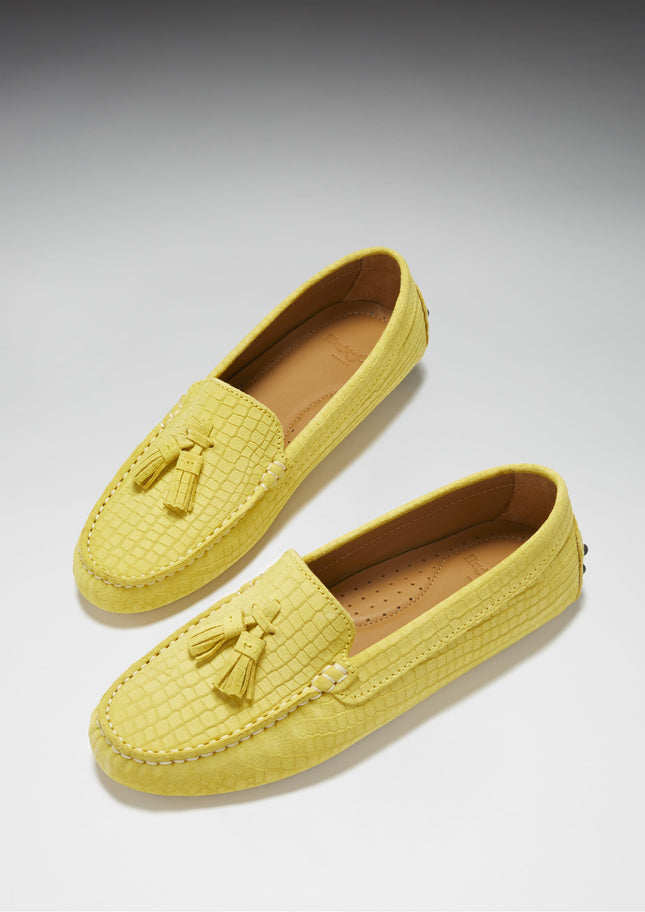 Women's Tasselled Driving Loafers, Yellow Embossed Suede