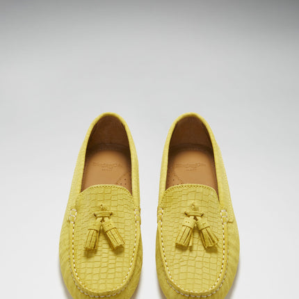 Women's Tasselled Driving Loafers, Yellow Embossed Suede