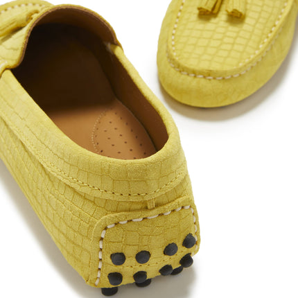 Women's Tasselled Driving Loafers, Yellow Embossed Suede