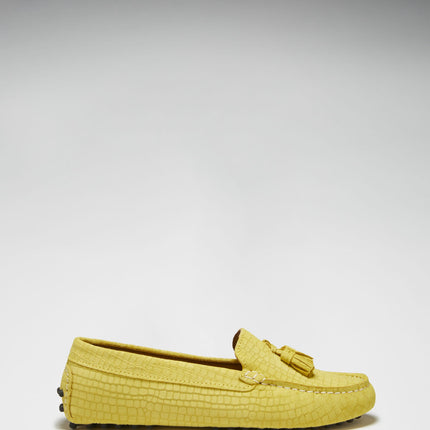 Women's Tasselled Driving Loafers, Yellow Embossed Suede