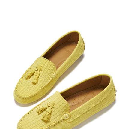 Women's Tasselled Driving Loafers, Yellow Embossed Suede