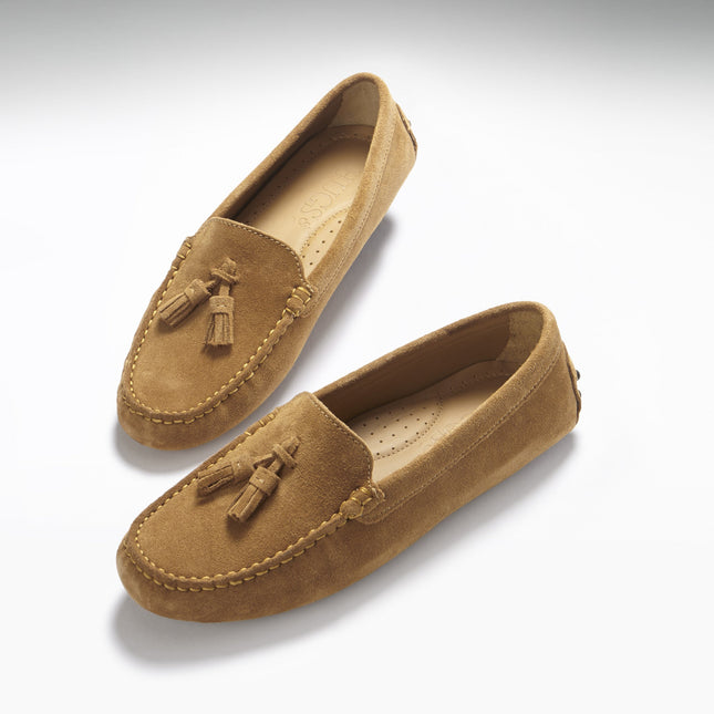 Women's Tasselled Driving Loafers, Tobacco Suede